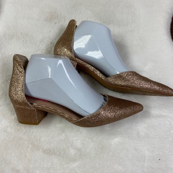Betsey Johnson Shoes - Betsey Johnson Rose Gold Glitter Pointed Toe Low Block Heel Pumps